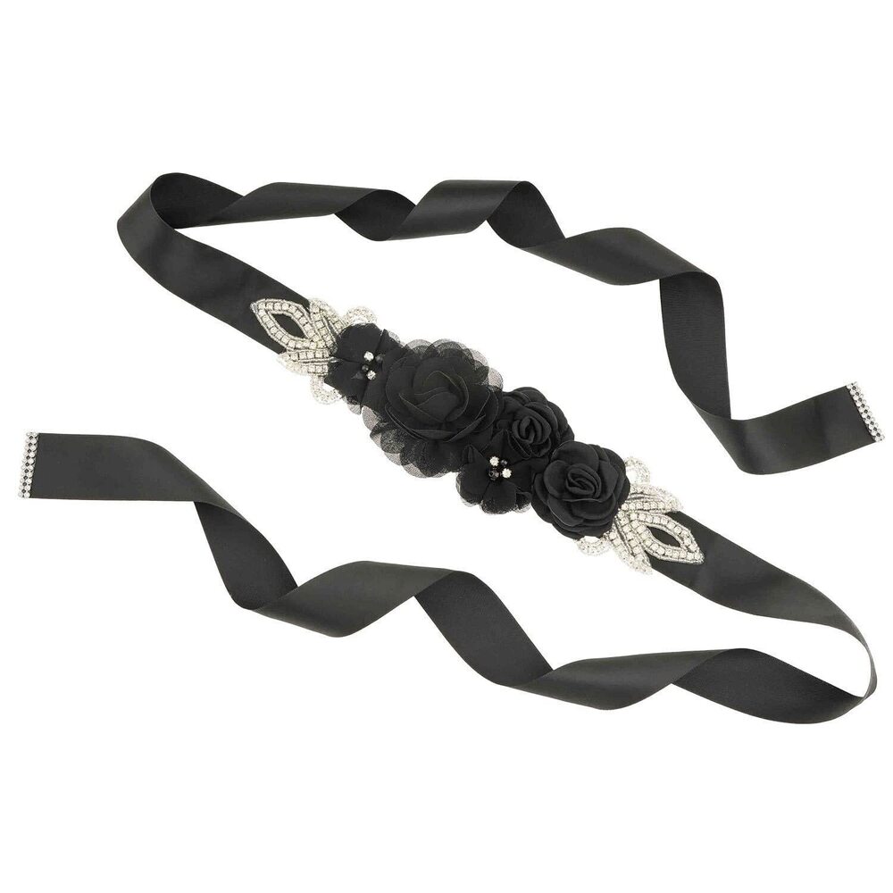 5170 Sash Belt 106 Inch Satin Ribbon with Handmade Flowers Pearls